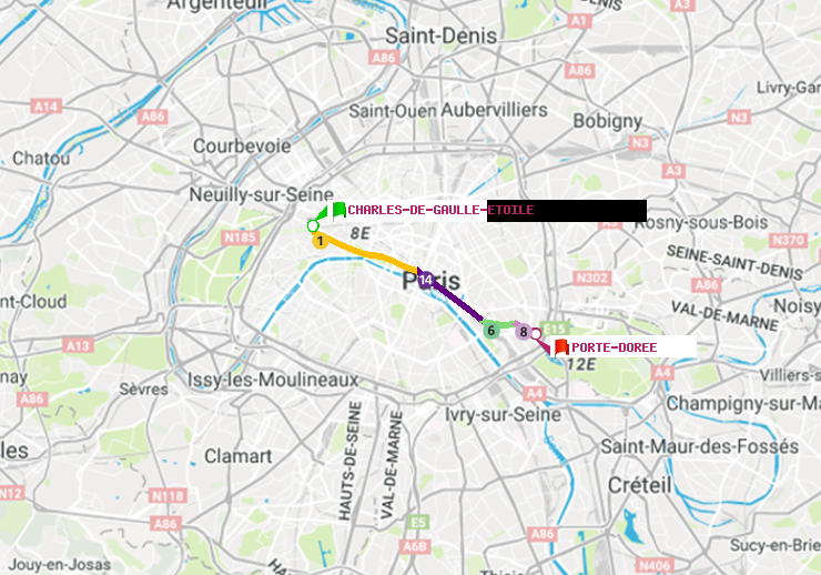 plan itinéraire ratp de Charles de Gaulle-Etoile à Porte Dorée