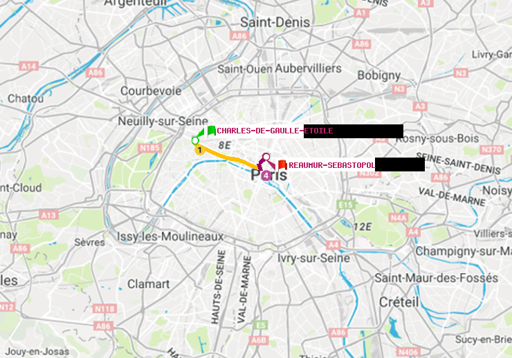 plan itinéraire ratp de Charles de Gaulle-Etoile à Réaumur-Sébastopol