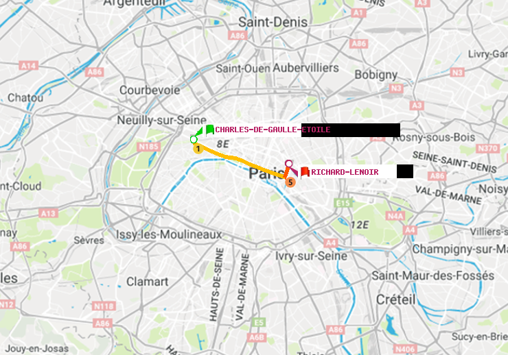 plan itinéraire ratp de Charles de Gaulle-Etoile à Richard-Lenoir