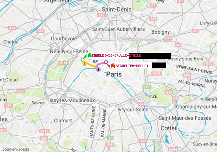 plan itinéraire ratp de Charles de Gaulle-Etoile à Richelieu-Drouot