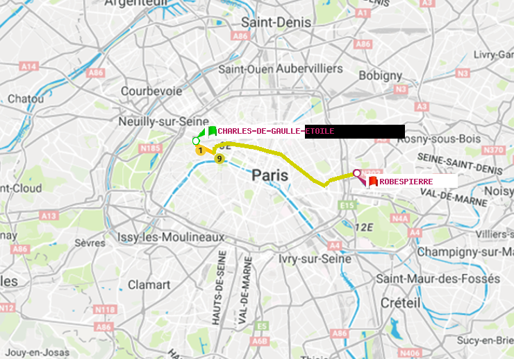 plan itinéraire ratp de Charles de Gaulle-Etoile à Robespierre