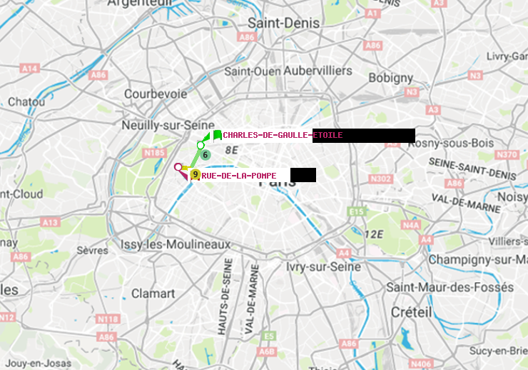 plan itinéraire ratp de Charles de Gaulle-Etoile à Rue de la Pompe (Avenue Georges Mandel)