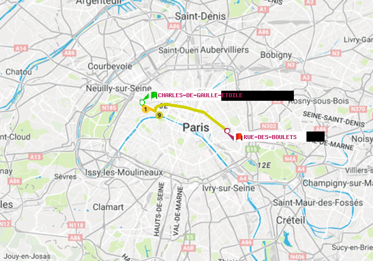 plan itinéraire ratp de Charles de Gaulle-Etoile à Rue des Boulets