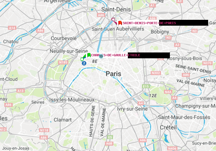 plan itinéraire ratp de Charles de Gaulle-Etoile à Saint-Denis-Porte de Paris
