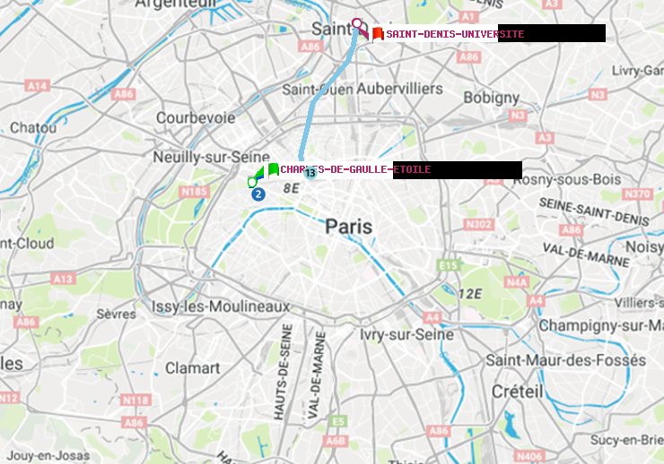 plan itinéraire ratp de Charles de Gaulle-Etoile à Saint-Denis-Universite
