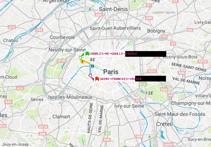 plan itinéraire ratp de Charles de Gaulle-Etoile à Saint-Francois-Xavier