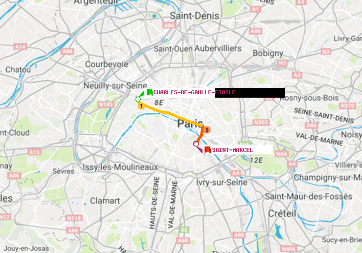 plan itinéraire ratp de Charles de Gaulle-Etoile à Saint-Marcel