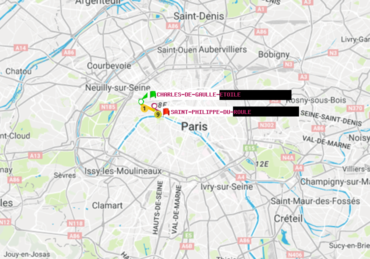 plan itinéraire ratp de Charles de Gaulle-Etoile à Saint-Philippe du Roule