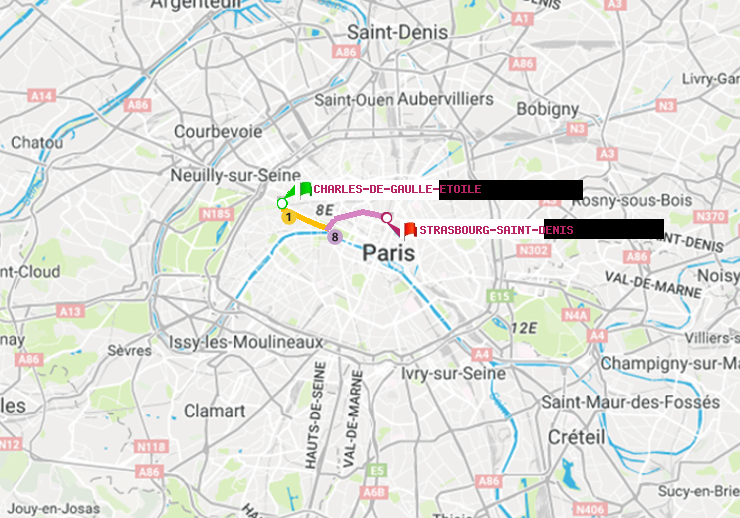plan itinéraire ratp de Charles de Gaulle-Etoile à Strasbourg-Saint-Denis
