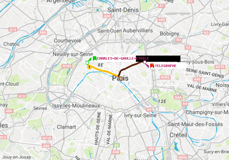 plan itinéraire ratp de Charles de Gaulle-Etoile à Telegraphe