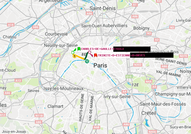 plan itinéraire ratp de Charles de Gaulle-Etoile à Trinité-d