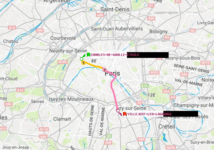 plan itinéraire ratp de Charles de Gaulle-Etoile à Villejuif-Léo Lagrange