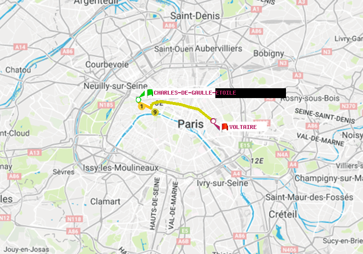 plan itinéraire ratp de Charles de Gaulle-Etoile à Voltaire (Léon Blum)
