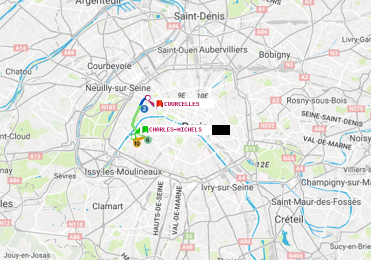 plan itinéraire ratp de Charles Michels à Courcelles