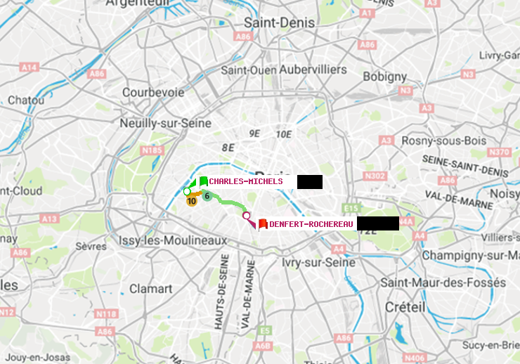 plan itinéraire ratp de Charles Michels à Denfert-Rochereau
