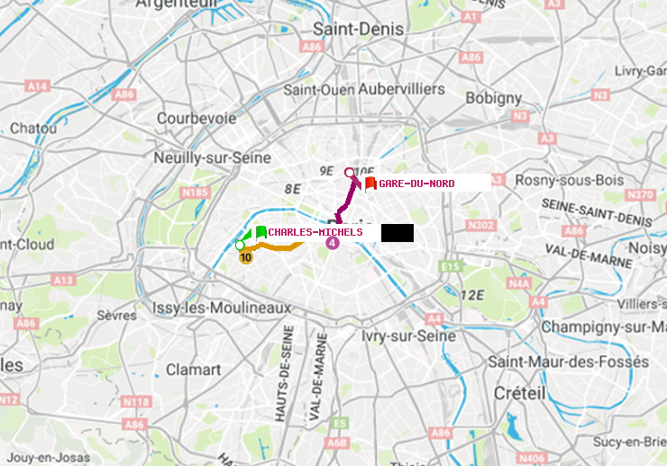 plan itinéraire ratp de Charles Michels à Gare du Nord