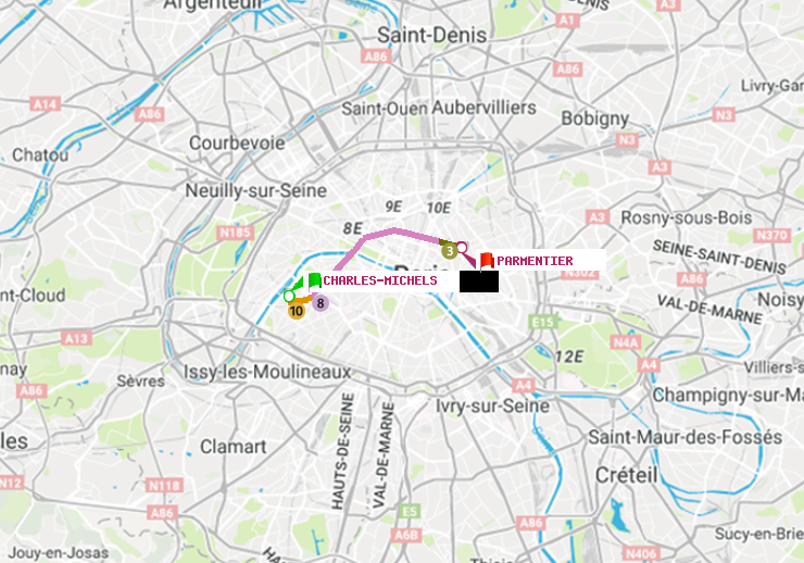 plan itinéraire ratp de Charles Michels à Parmentier