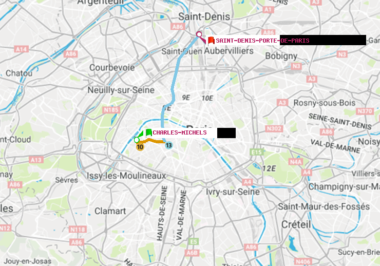 plan itinéraire ratp de Charles Michels à Saint-Denis-Porte de Paris