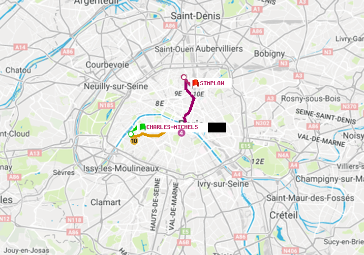 plan itinéraire ratp de Charles Michels à Simplon