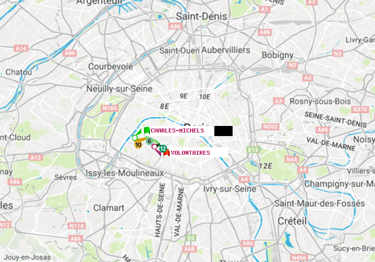 plan itinéraire ratp de Charles Michels à Volontaires