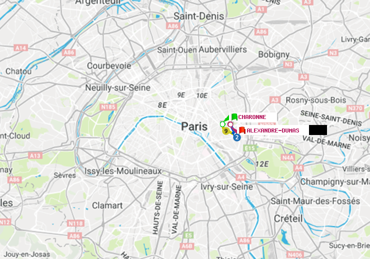 plan itinéraire ratp de Charonne à Alexandre-Dumas