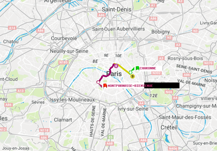 plan itinéraire ratp de Charonne à Montparnasse-Bienvenue