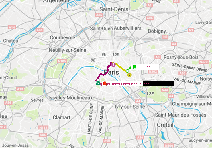 plan itinéraire ratp de Charonne à Notre-Dame des Champs