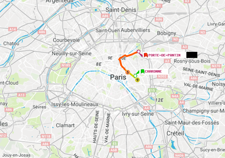 plan itinéraire ratp de Charonne à Porte de Pantin