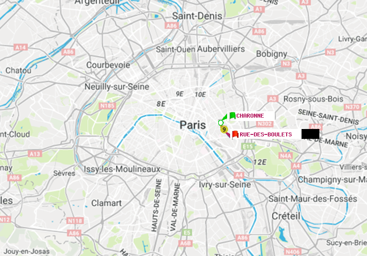 plan itinéraire ratp de Charonne à Rue des Boulets