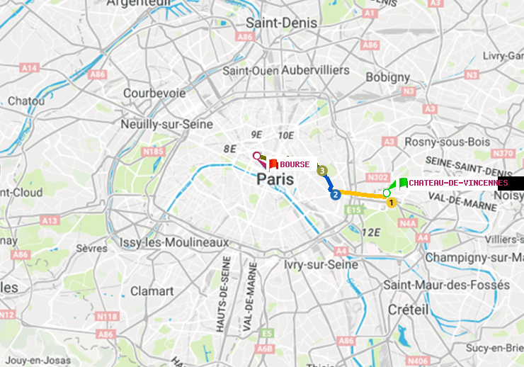 plan itinéraire ratp de Château de Vincennes à Bourse