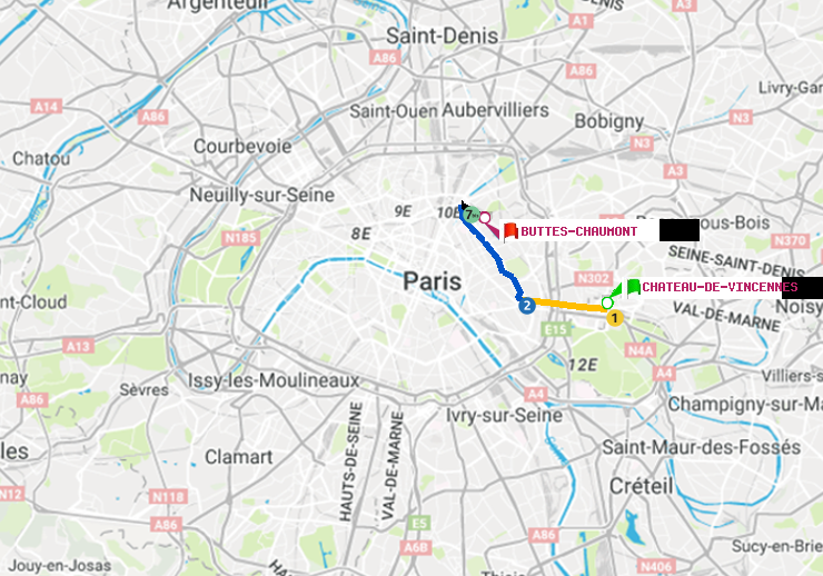 plan itinéraire ratp de Château de Vincennes à Buttes-Chaumont