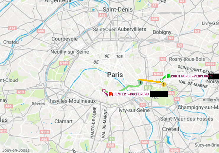 plan itinéraire ratp de Château de Vincennes à Denfert-Rochereau