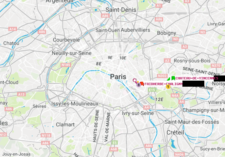 plan itinéraire ratp de Château de Vincennes à Faidherbe-Chaligny