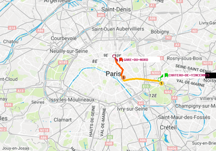 plan itinéraire ratp de Château de Vincennes à Gare du Nord