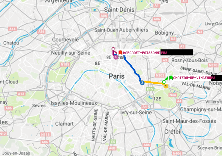 plan itinéraire ratp de Château de Vincennes à Marcadet-Poissonniers