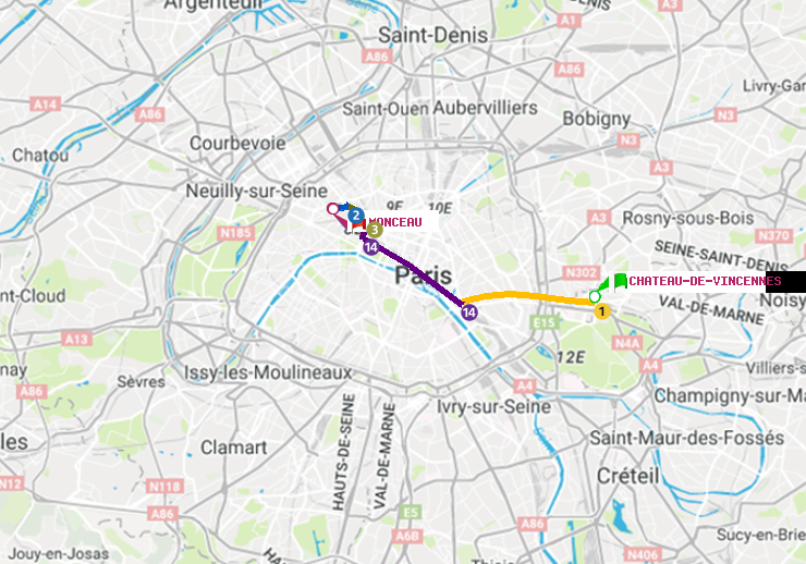 plan itinéraire ratp de Château de Vincennes à Monceau