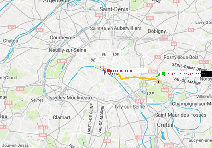 plan itinéraire ratp de Château de Vincennes à Palais-Royal (Musée du Louvre)