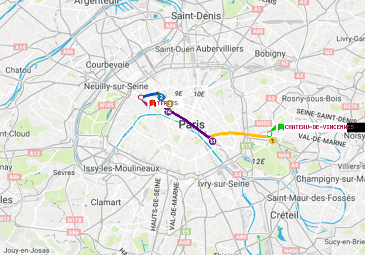 plan itinéraire ratp de Château de Vincennes à Ternes
