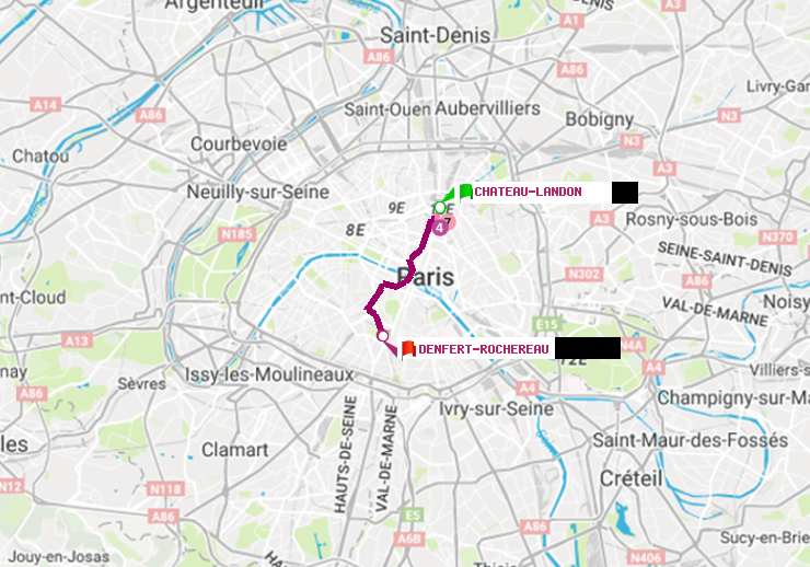 plan itinéraire ratp de Château Landon à Denfert-Rochereau