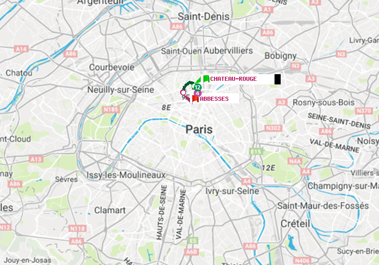 plan itinéraire ratp de Château Rouge à Abbesses