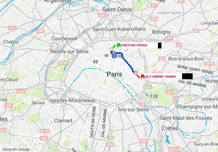 plan itinéraire ratp de Château Rouge à Alexandre-Dumas