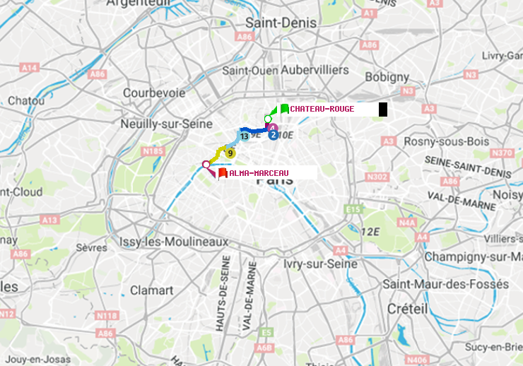 plan itinéraire ratp de Château Rouge à Alma-Marceau