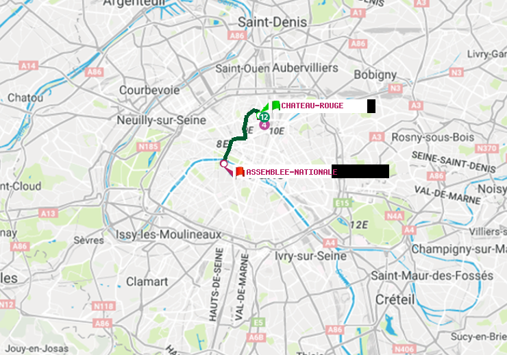 plan itinéraire ratp de Château Rouge à Assemblée Nationale