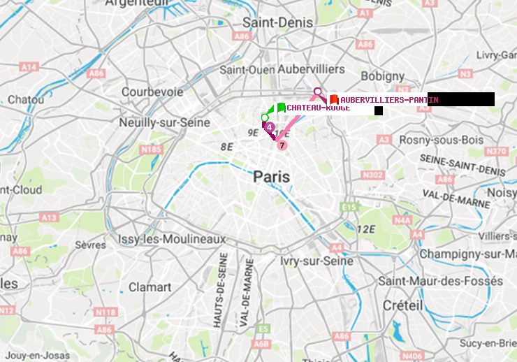 plan itinéraire ratp de Château Rouge à Aubervilliers Pantin (4 Chemins)