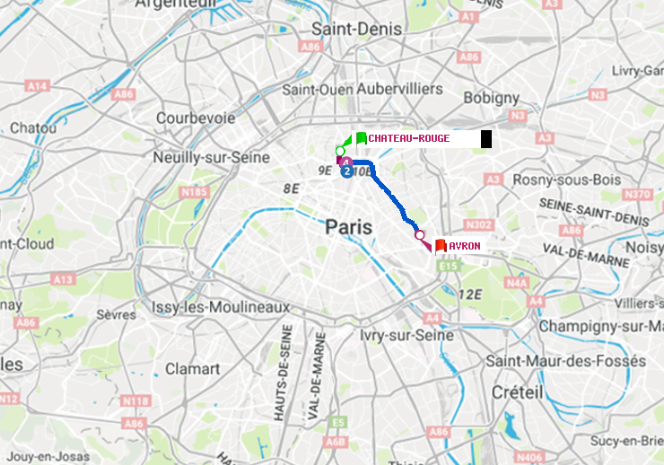 plan itinéraire ratp de Château Rouge à Avron
