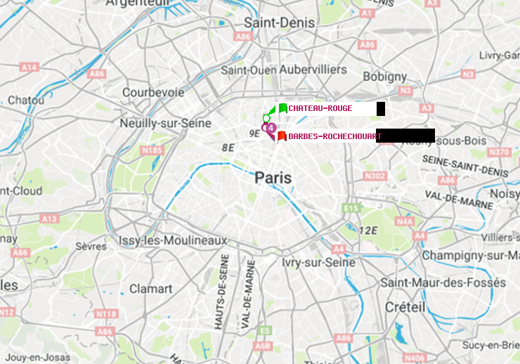 plan itinéraire ratp de Château Rouge à Barbès-Rochechouart