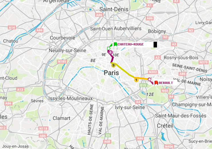 plan itinéraire ratp de Château Rouge à Bérault