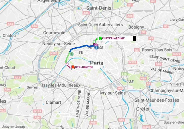plan itinéraire ratp de Château Rouge à Bir-Hakeim (Grenelle)
