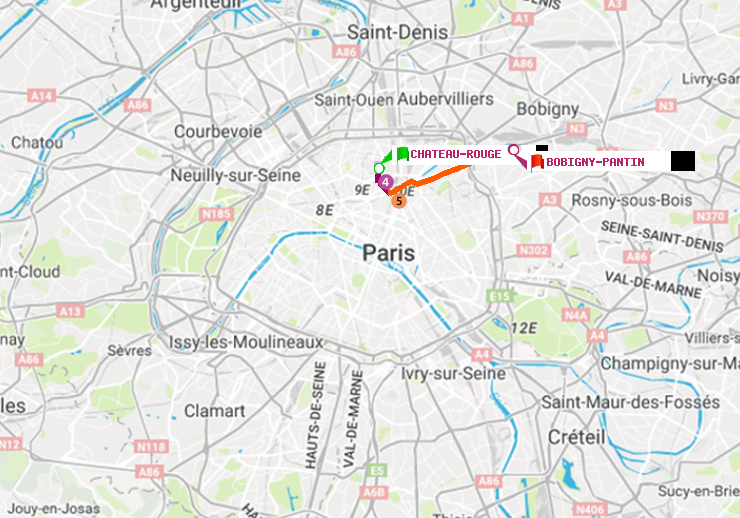 plan itinéraire ratp de Château Rouge à Bobigny-Pantin (Raymond Queneau)