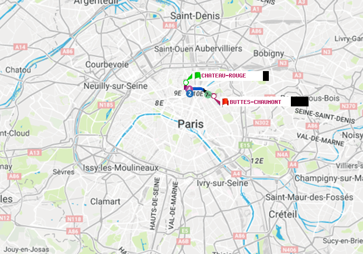 plan itinéraire ratp de Château Rouge à Buttes-Chaumont